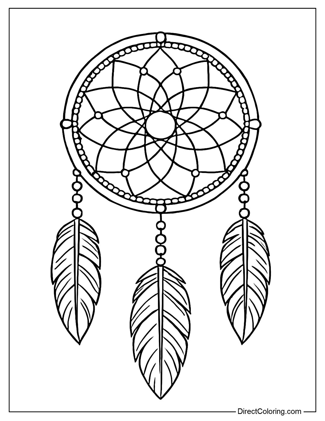 Native American dreamcatcher coloring page featuring feathers, beads, and symmetrical circles.